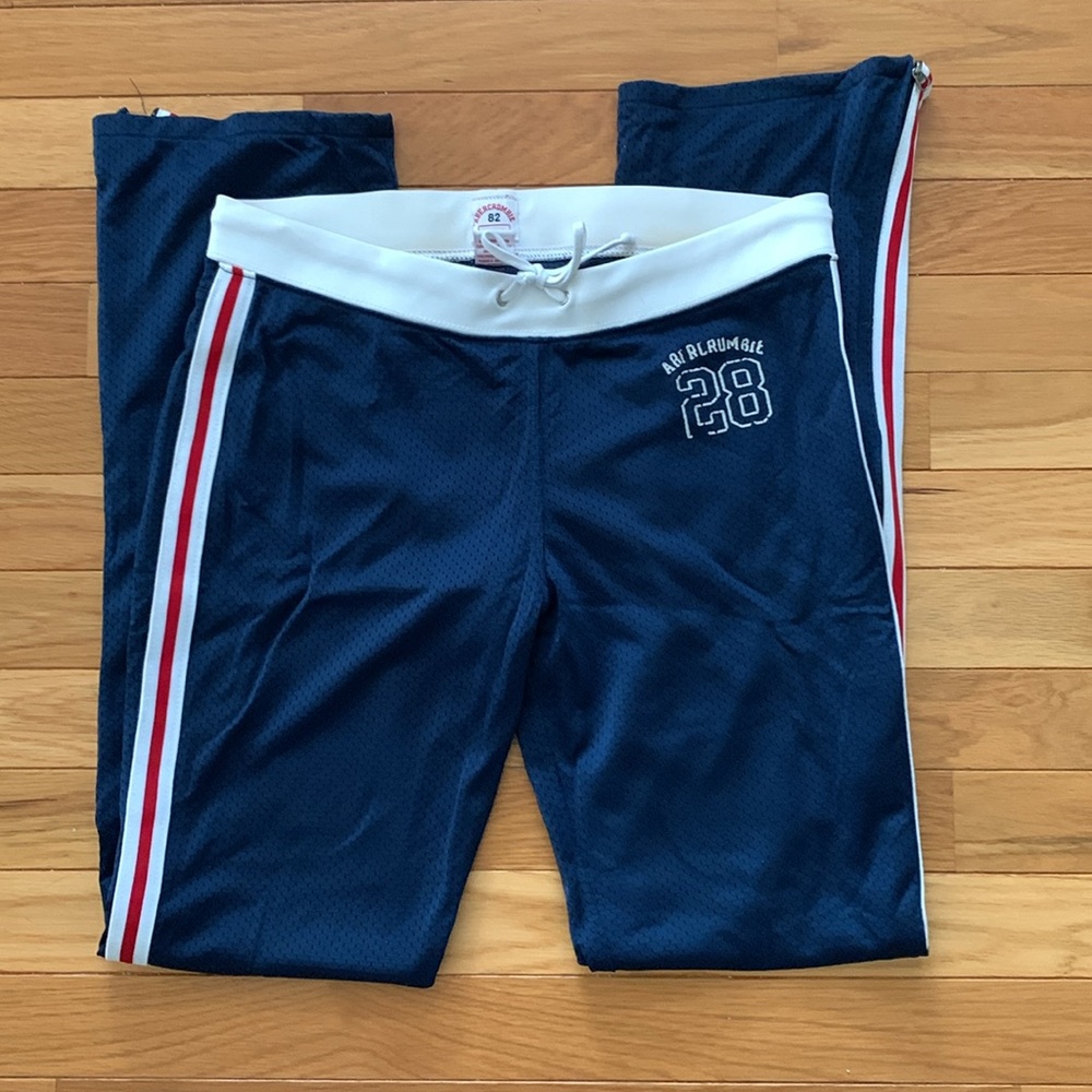 A&F Lightweight Navy Mesh Joggers with Red & White Stripes and Zippered Legs